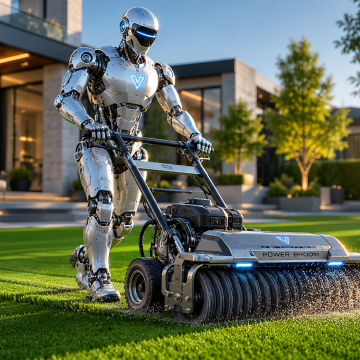 Humanoid AI robot operating landscaping equipment on a synthetic turf lawn, illustrating the shift from information-based websites to AI-powered automation and agentic workflows.