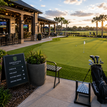Commercial Golf Facilities - Synthetic turf putting greens. Sunlit golf putting green at golden hour