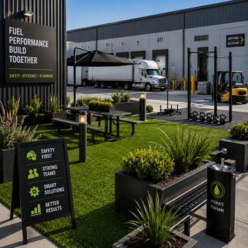 Commercial Industrial synthetic turf. Modern industrial campus with team amenities