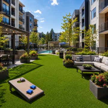 Commercial multifamily property artificial grass - modern courtyard with pool and greenery