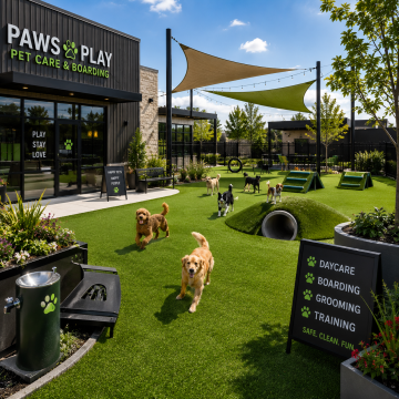 Commercial Pet Facilities. Synthetic Turf. Paws & Play pet daycare playground