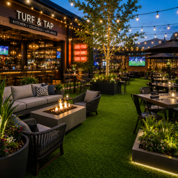 Commercial restaurants & entertainment. Artificial Grass. Cozy outdoor patio with string lights