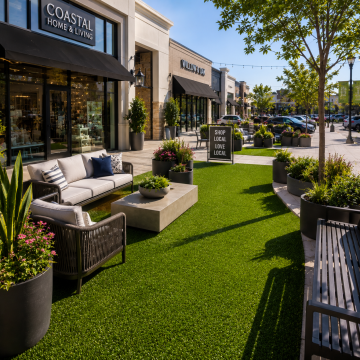 Commercial retail artificial grass - sunny outdoor shopping plaza