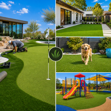 Synthetic turf putting green installation alongside residential lawn, pet turf, and playground applications