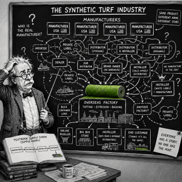 Professor studies a tangled synthetic turf industry map connecting manufacturers, distributors, private labels and installers.