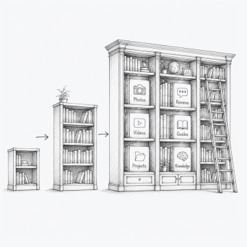 Hand-drawn library sketch showing information growing from a small collection into an organized knowledge system, representing how businesses accumulate and manage digital assets over time.