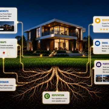 Illustration of digital assets as roots beneath a business, showing how websites, reviews, maps, email, domains, portfolios, and reputation create long-term value