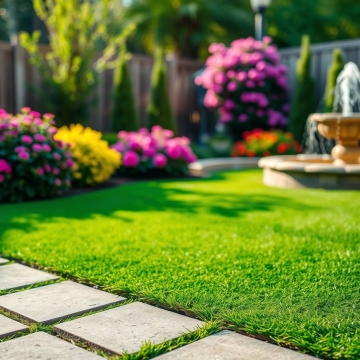 Backyard synthetic turf, pavers, fountain.