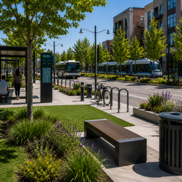 Public Transportation & Streetscapes. Synthetic Turf. Modern urban street with greenery