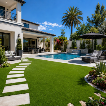 Residential Synthetic Lawns. Sunny backyard retreat with pool