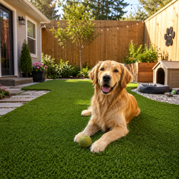 Residential pet turf backyard with golden retriever - artificial grass for dogs