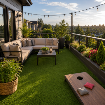 Cozy rooftop terrace with synthetic turf at golden hour - residential rooftops & decks