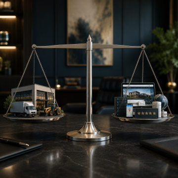 Balance scale comparing physical business assets and digital assets, symbolizing the importance of websites, reputation, and online presence in modern business growth.