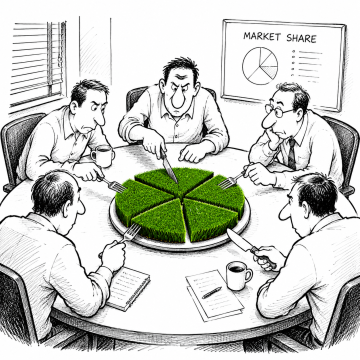 Synthetic turf distributors divide a green turf pie, illustrating competition for existing market demand.