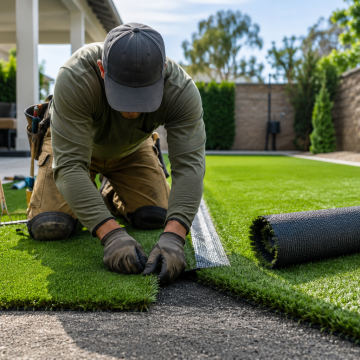Artificial grass installation - synthetic turf installer working on seams, backyard installation