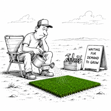Synthetic turf installer waters artificial grass while waiting for market demand to grow.