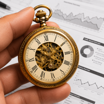 Gold pocket watch resting over business performance reports, illustrating how time invested in a business can create lasting assets beyond monthly metrics.