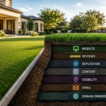 Luxury synthetic turf lawn with a cutaway foundation illustrating digital business assets including website, reviews, reputation, content, visibility, email, and domain ownership.
