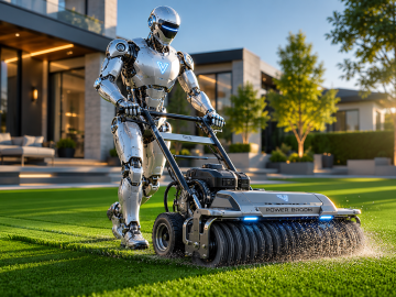 Humanoid AI robot operating landscaping equipment on a synthetic turf lawn, illustrating the shift from information-based websites to AI-powered automation and agentic workflows.