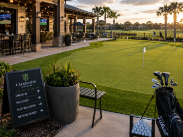 Commercial Golf Facilities - Synthetic turf putting greens. Sunlit golf putting green at golden hour