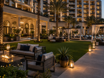 Commercial Hospitality. Artificial Grass. Elegant resort courtyard at dusk