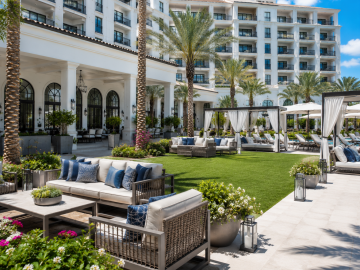 Commercial Hospitality. Artificial Grass. Sunny resort courtyard with stylish seating