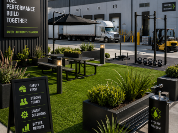 Commercial Industrial synthetic turf. Modern industrial campus with team amenities