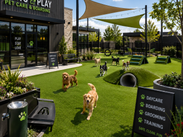Commercial Pet Facilities. Synthetic Turf. Paws & Play pet daycare playground