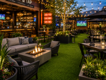 Commercial restaurants & entertainment. Artificial Grass. Cozy outdoor patio with string lights