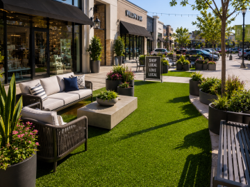 Commercial retail artificial grass - sunny outdoor shopping plaza