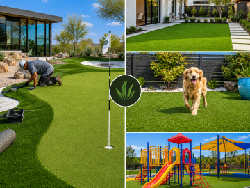 Synthetic turf putting green installation alongside residential lawn, pet turf, and playground applications