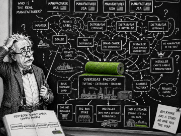 Professor studies a tangled synthetic turf industry map connecting manufacturers, distributors, private labels and installers.