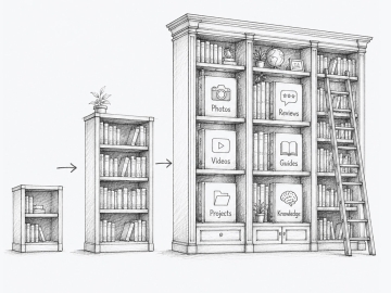 Hand-drawn library sketch showing information growing from a small collection into an organized knowledge system, representing how businesses accumulate and manage digital assets over time.