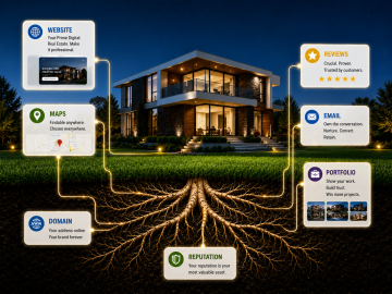 Illustration of digital assets as roots beneath a business, showing how websites, reviews, maps, email, domains, portfolios, and reputation create long-term value