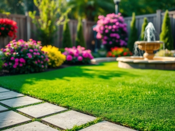 Backyard synthetic turf, pavers, fountain.