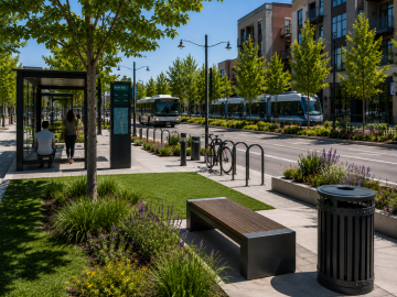 Public Transportation & Streetscapes. Synthetic Turf. Modern urban street with greenery