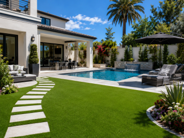 Residential Synthetic Lawns. Sunny backyard retreat with pool