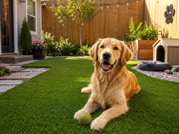 Residential pet turf backyard with golden retriever - artificial grass for dogs