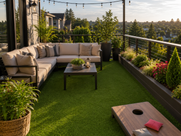 Cozy rooftop terrace with synthetic turf at golden hour - residential rooftops & decks
