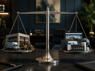 Balance scale comparing physical business assets and digital assets, symbolizing the importance of websites, reputation, and online presence in modern business growth.