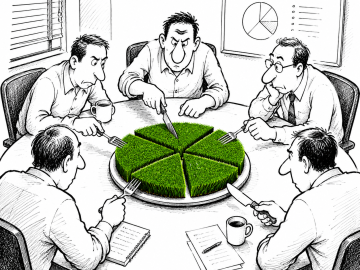 Synthetic turf distributors divide a green turf pie, illustrating competition for existing market demand.
