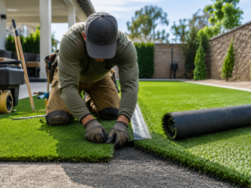 Artificial grass installation - synthetic turf installer working on seams, backyard installation
