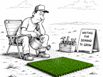 Synthetic turf installer waters artificial grass while waiting for market demand to grow.