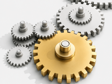 Gold and silver interlocking gears symbolizing business systems, processes, and scalable growth.