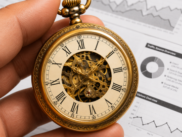 Gold pocket watch resting over business performance reports, illustrating how time invested in a business can create lasting assets beyond monthly metrics.