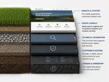 Comparison of synthetic turf and website foundation layers illustrating the importance of digital infrastructure.