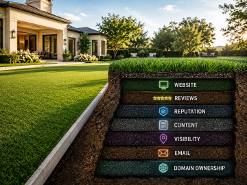 Luxury synthetic turf lawn with a cutaway foundation illustrating digital business assets including website, reviews, reputation, content, visibility, email, and domain ownership.